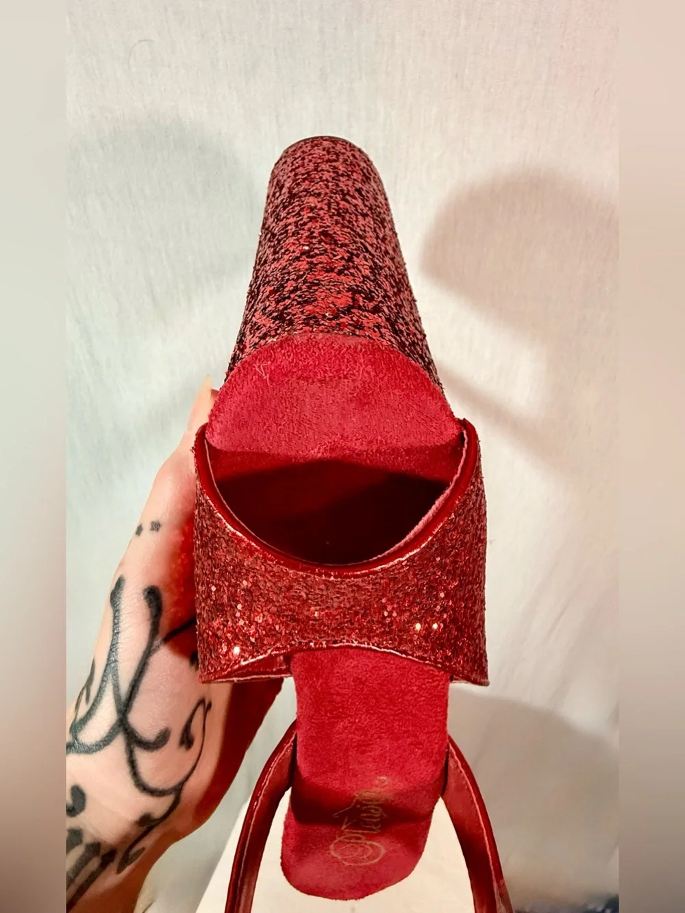 Pleaser 10” BEYOND Size 8 Red Glitter Platform dance heels with Ankle Strap